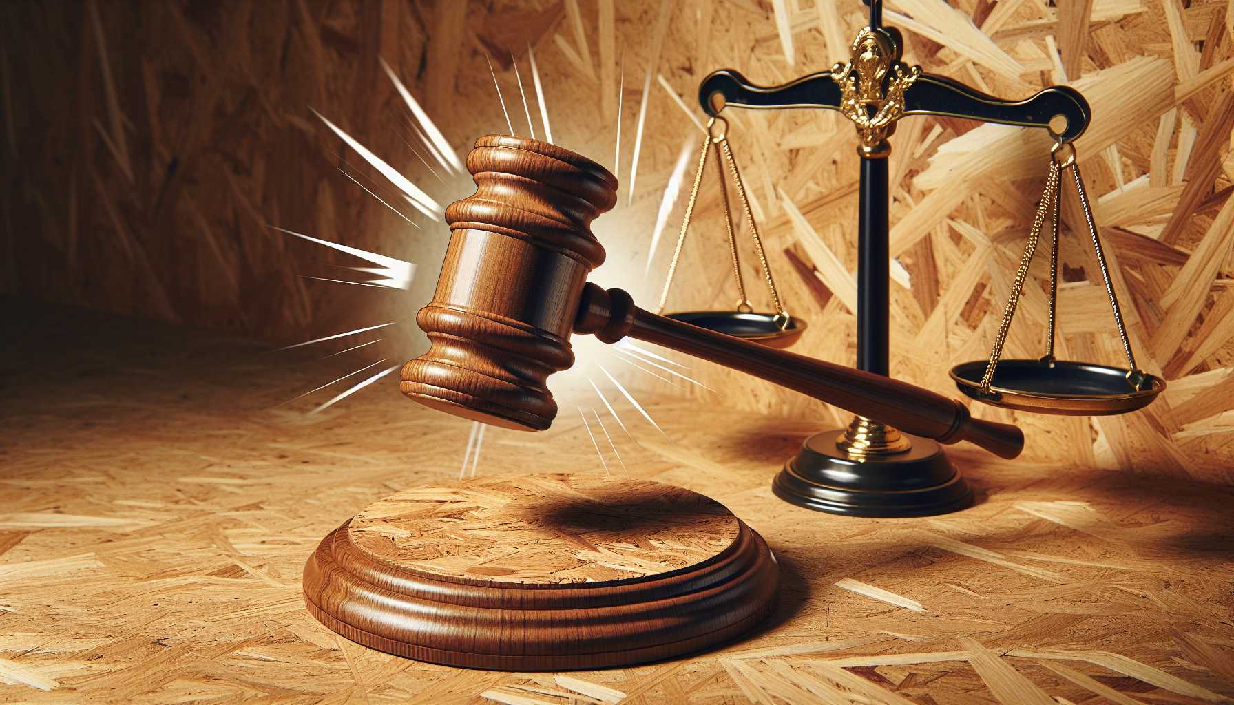 a gavel striking on a chipboard with legal scales