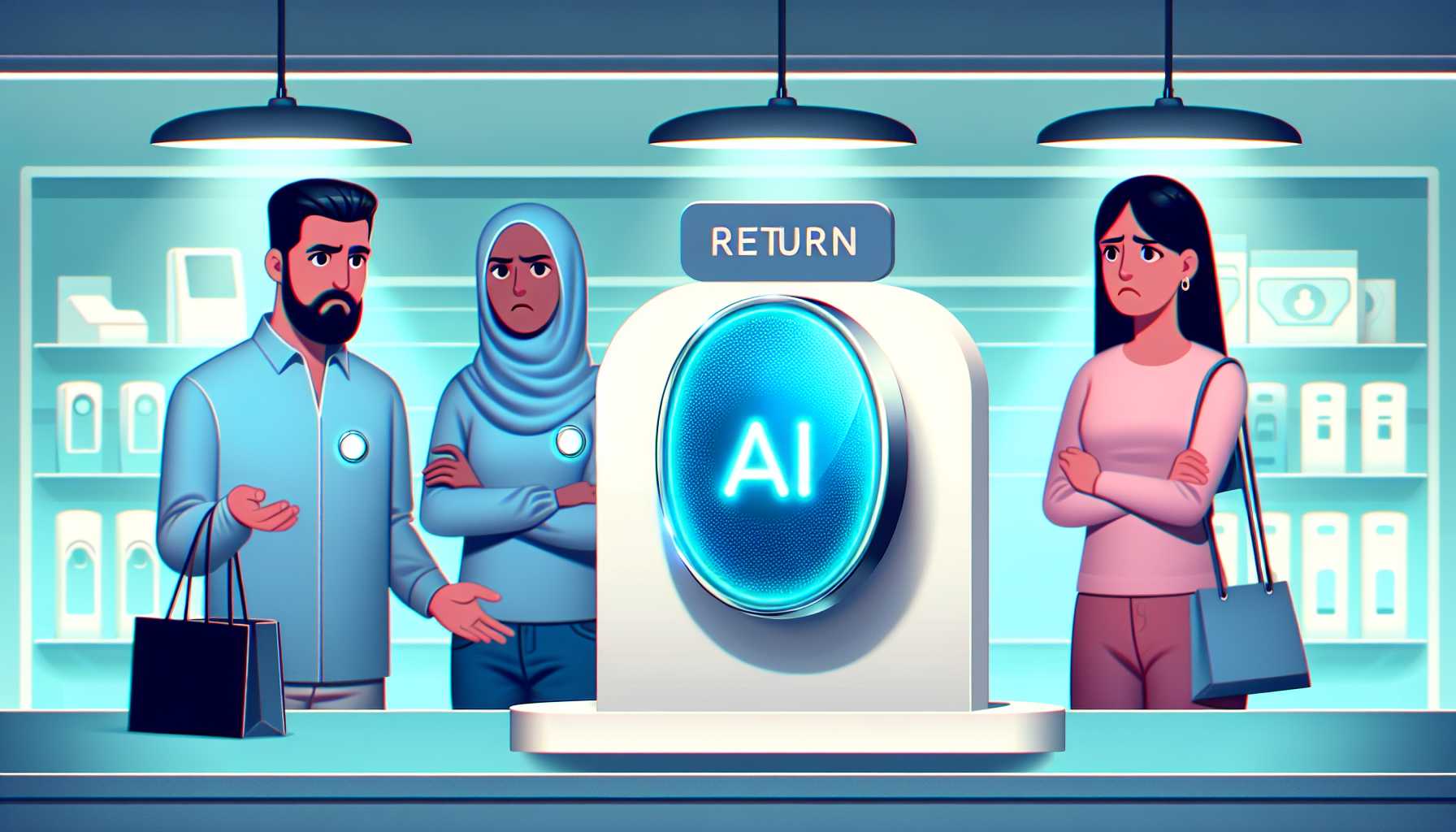 an illustration of a wearable AI pin with users returning it in frustration