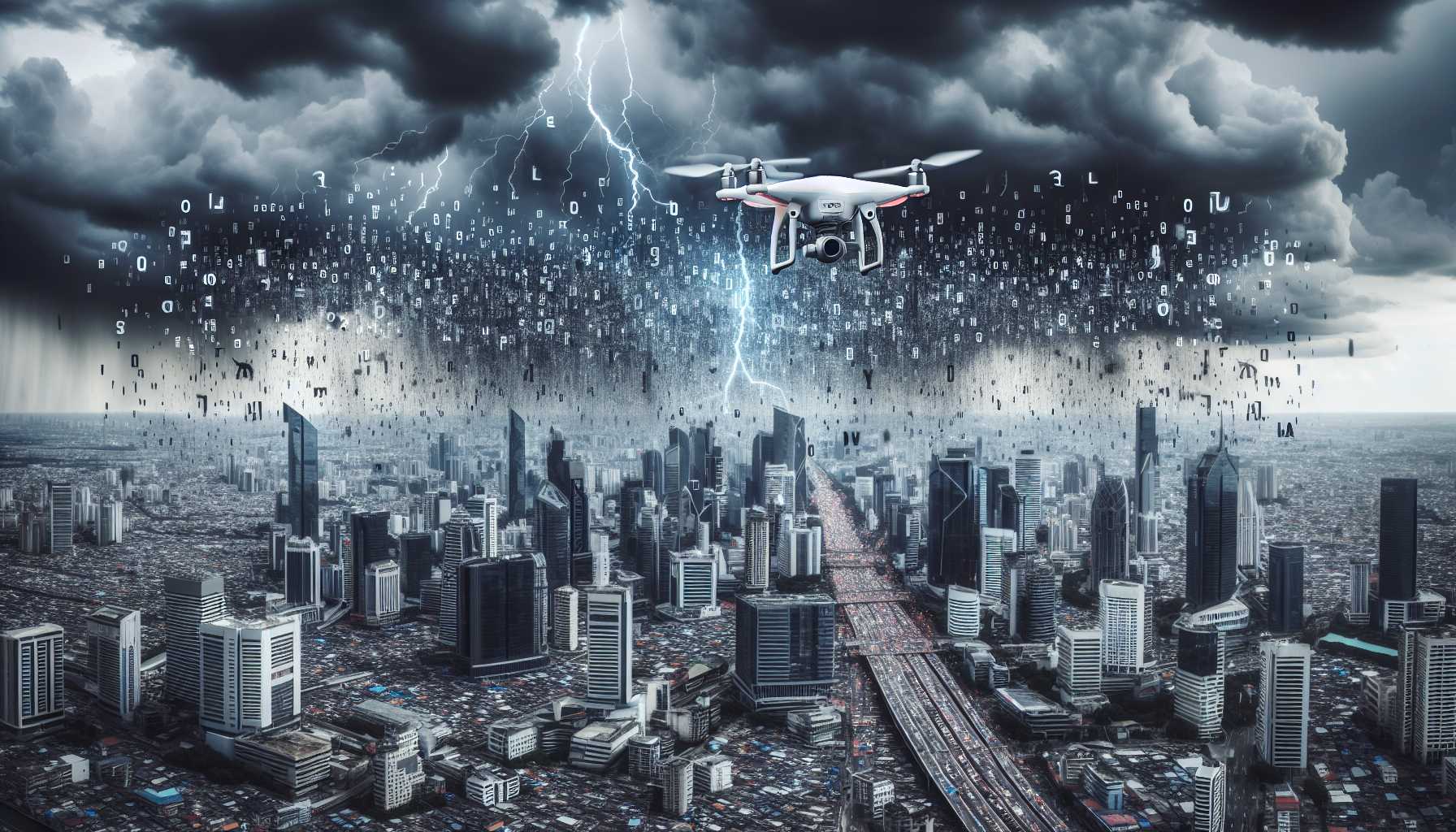 a city drone delivering a garbled message with rainclouds above