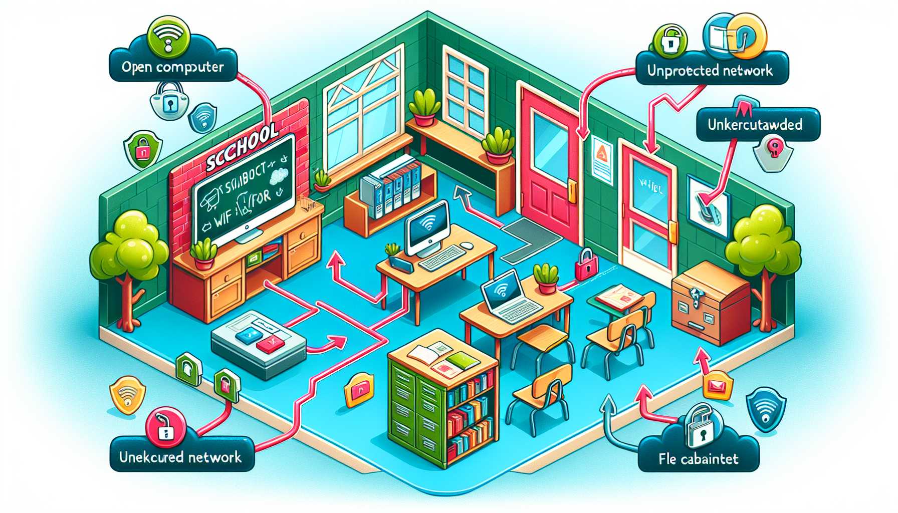 A school setting with cartoonish arrows pointing to various digital vulnerabilities