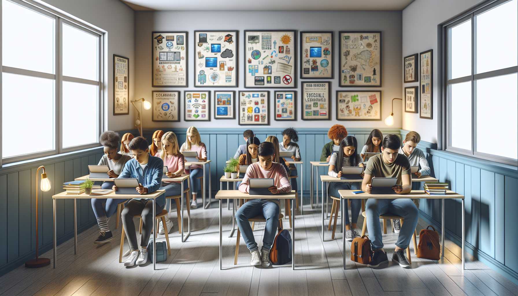 Students using digital textbooks in a classroom