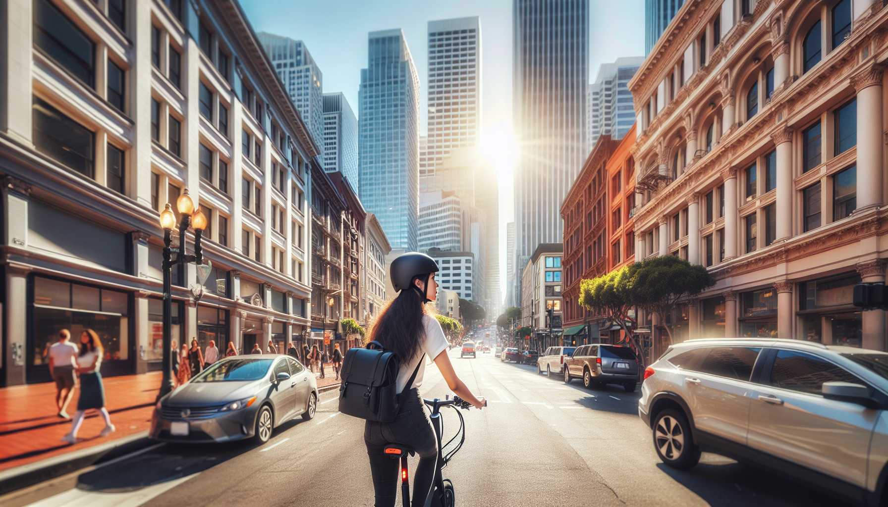 Person riding an e-bike through a city street