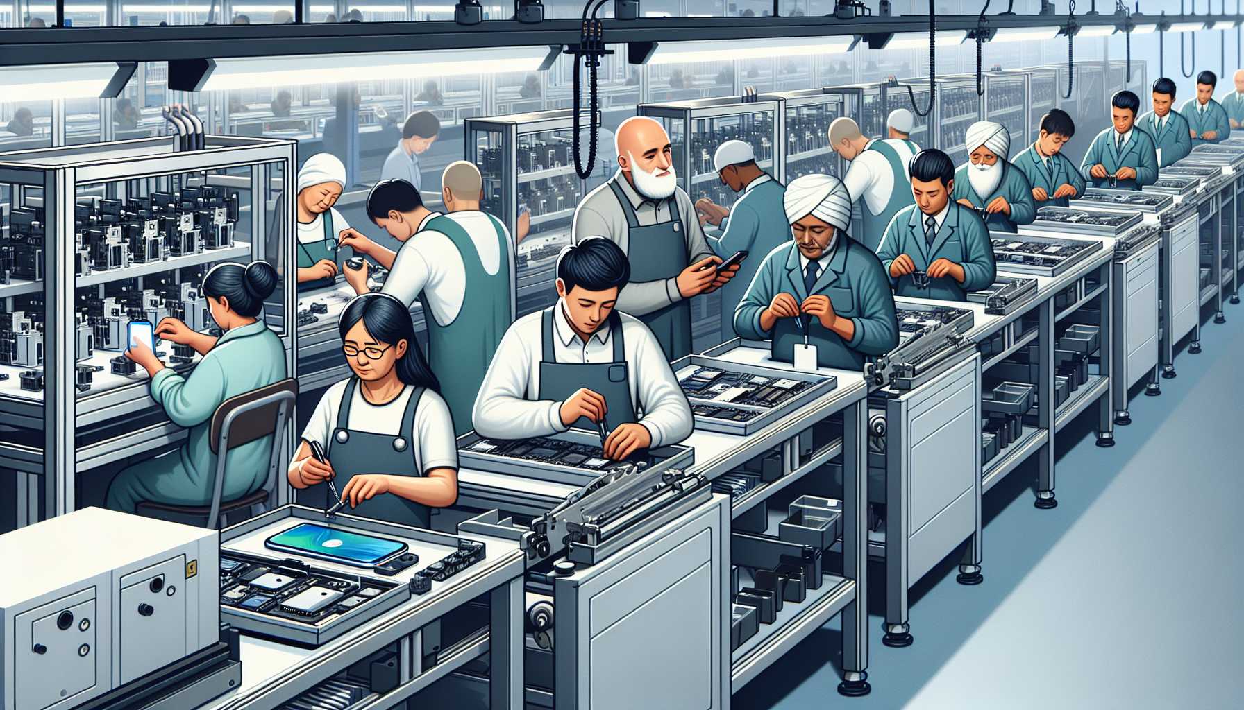 a modern smartphone factory with workers assembling phones