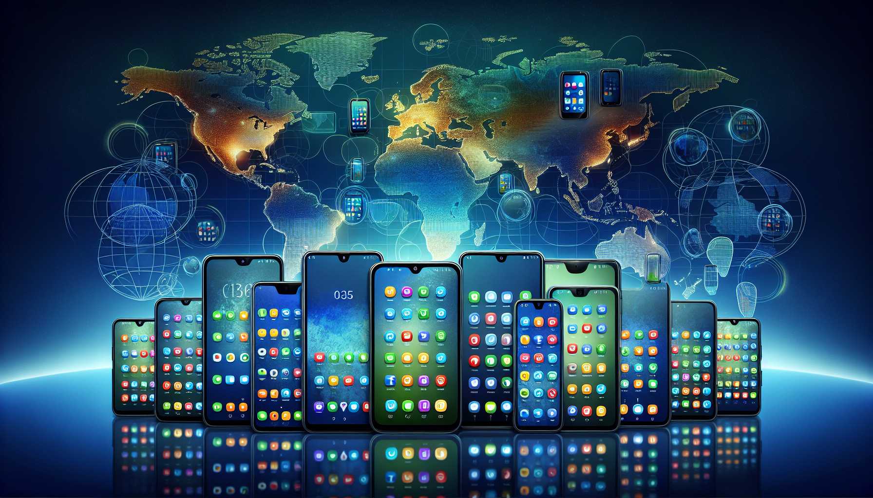 an array of different brand smartphones with a world map background