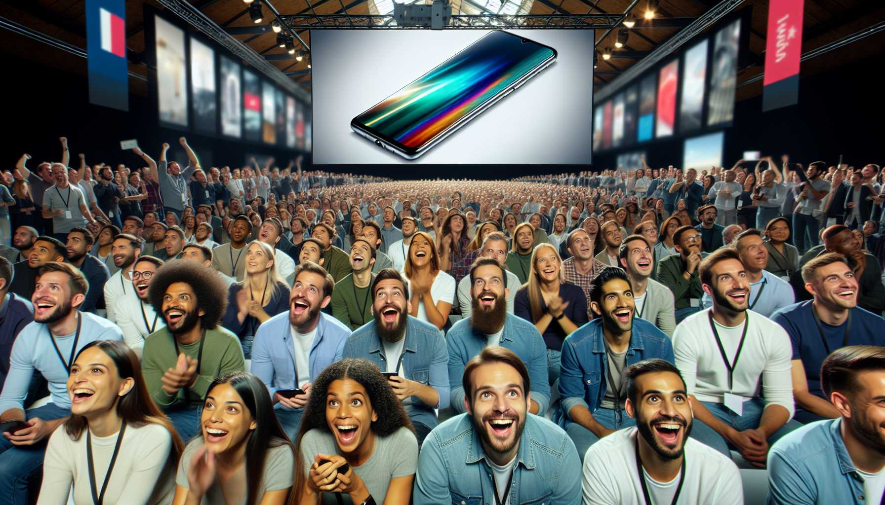 a crowd of excited people at a tech event with a large screen showing a new smartphone