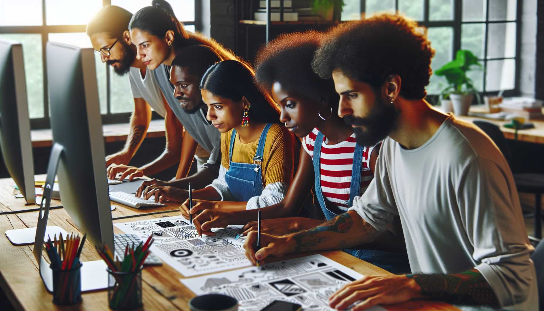 A group of diverse Brazilian graphic designers working collaboratively on a project using Canva.