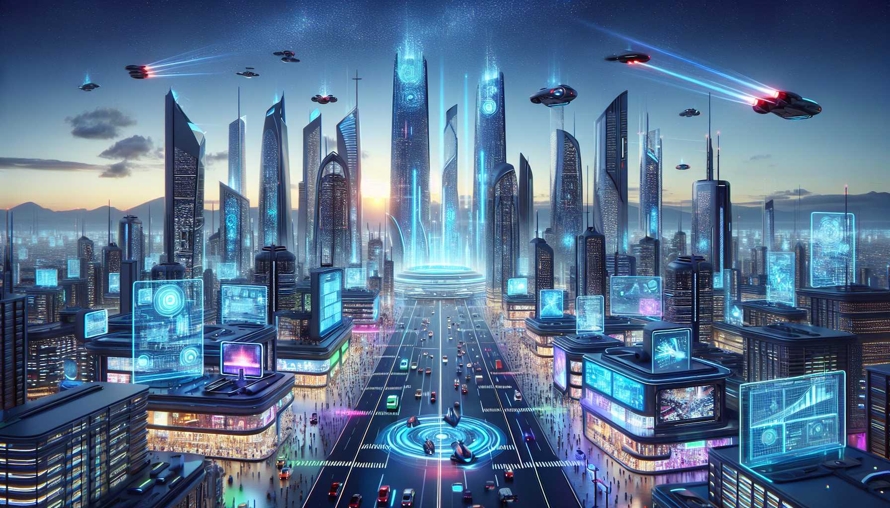 A futuristic cityscape with advanced AI technology