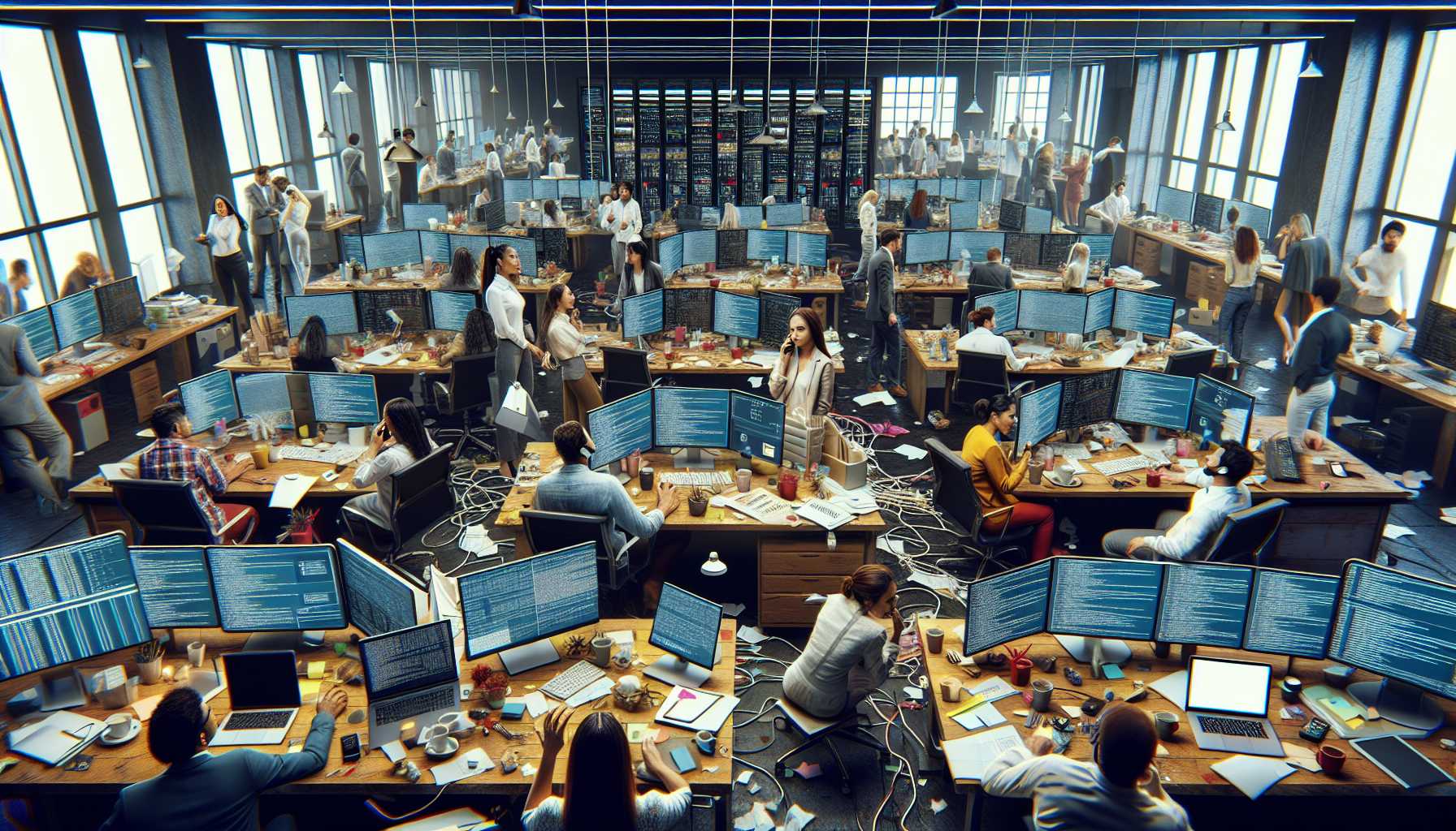 A chaotic office during a tech outage