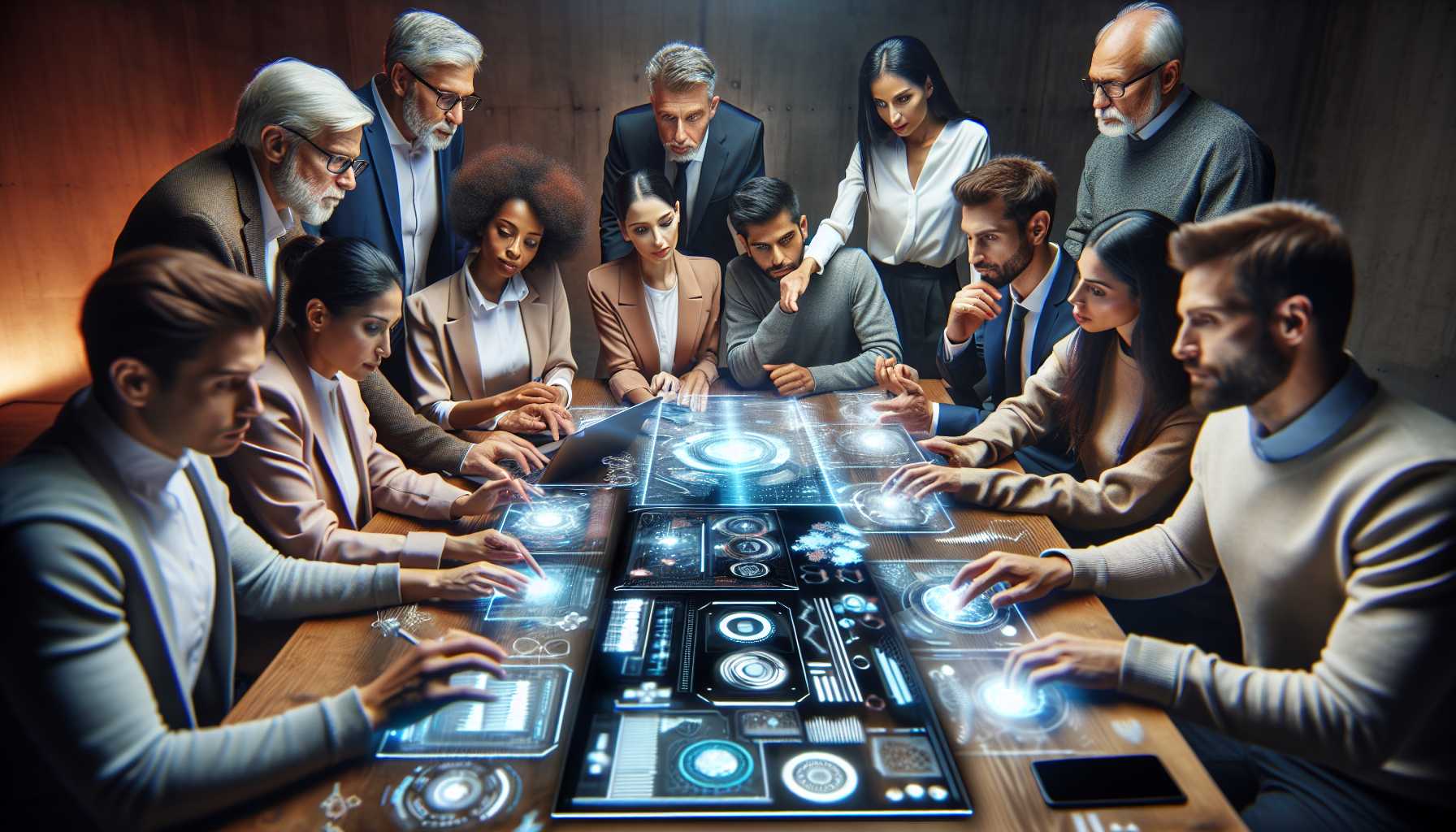 A diverse group of people collaborating around a table with futuristic gadgets