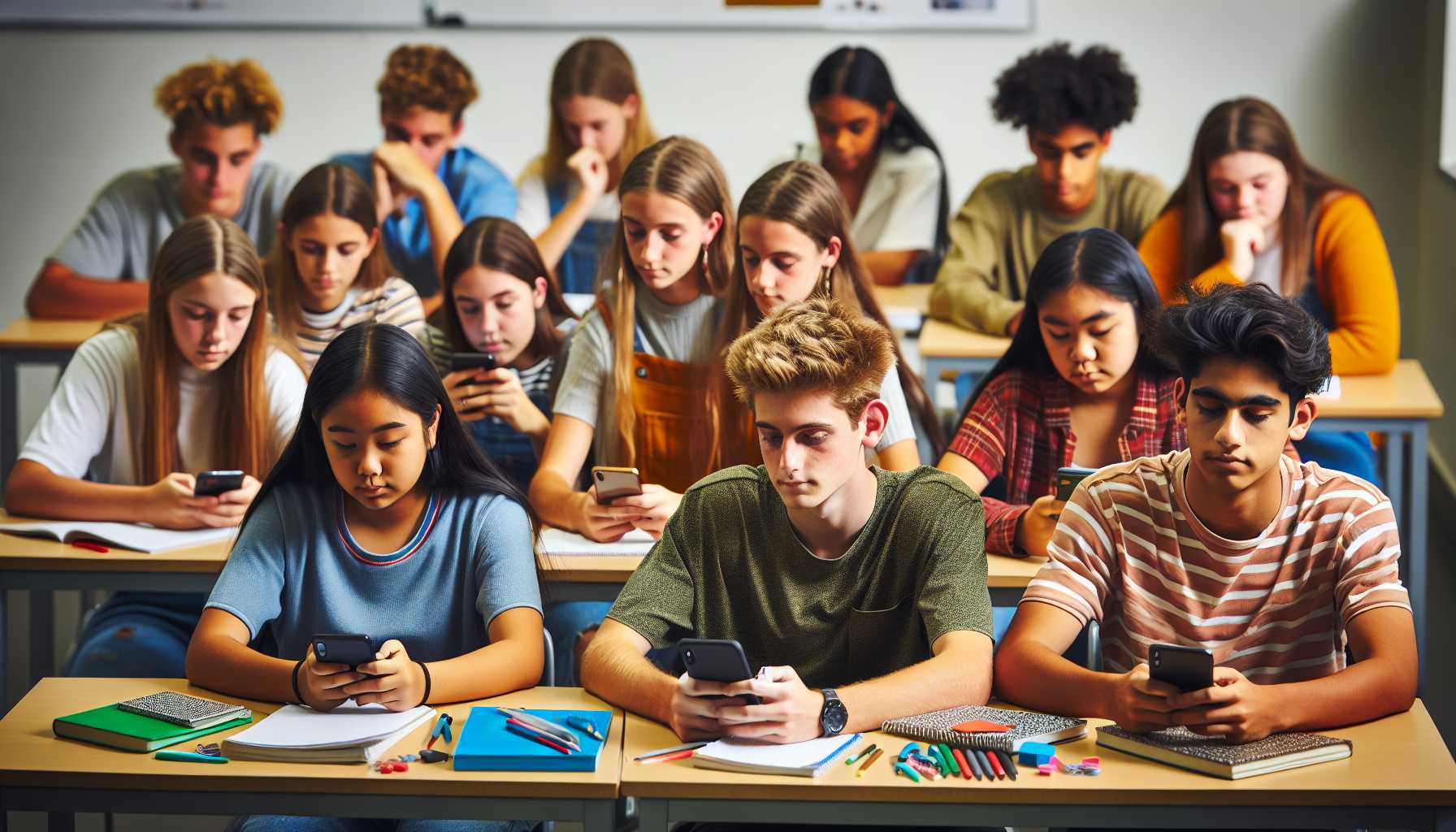 Teenagers in Australia using smartphones for educational purposes in a classroom setting.