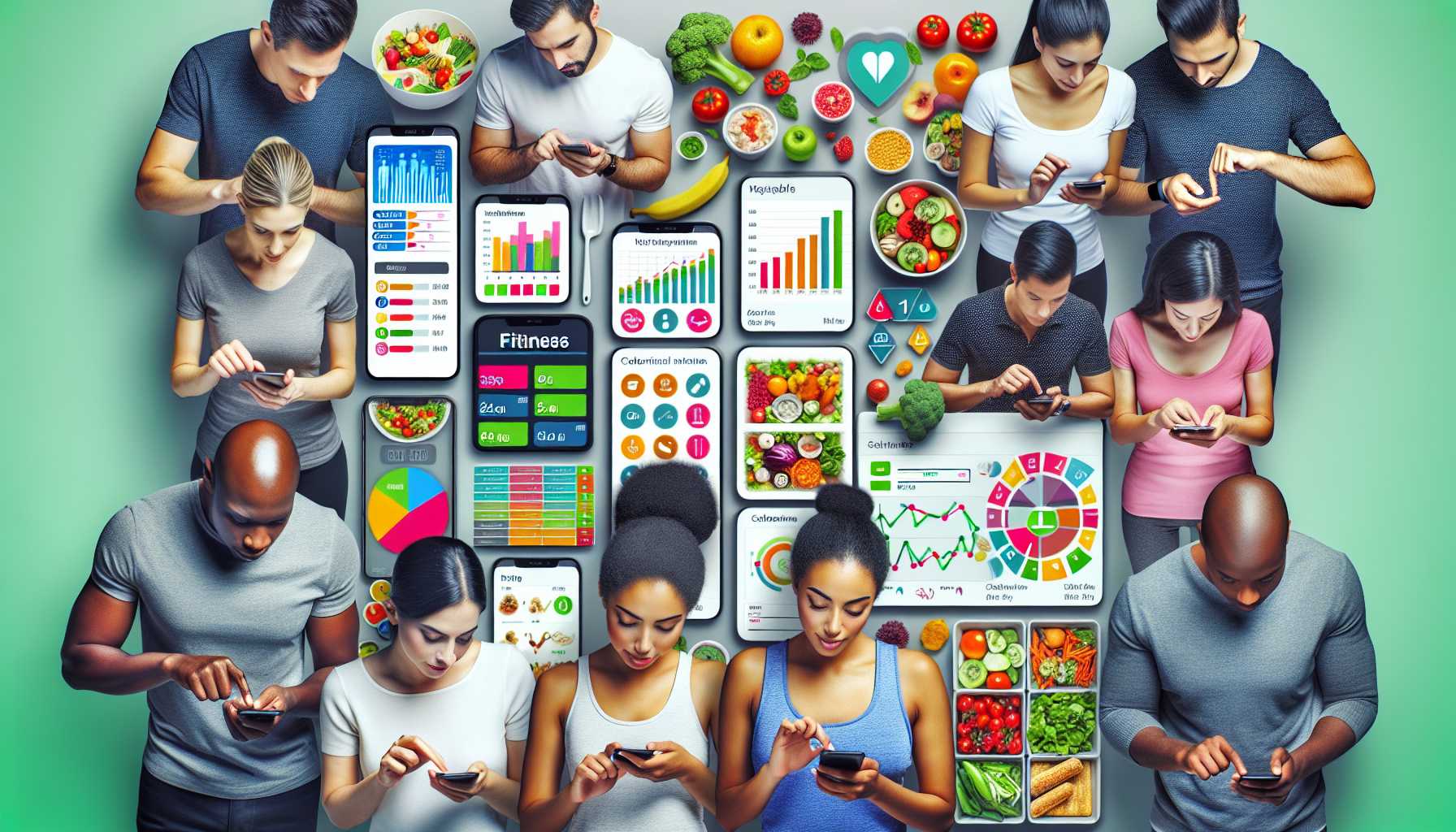 A group of people using fitness apps on their smartphones to track their nutrition.