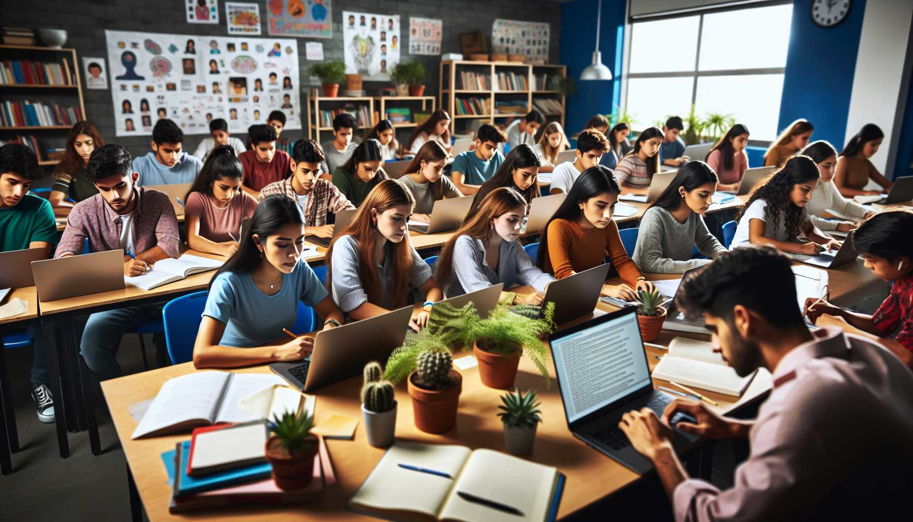 A group of Guatemalan students learning online in a classroom setting