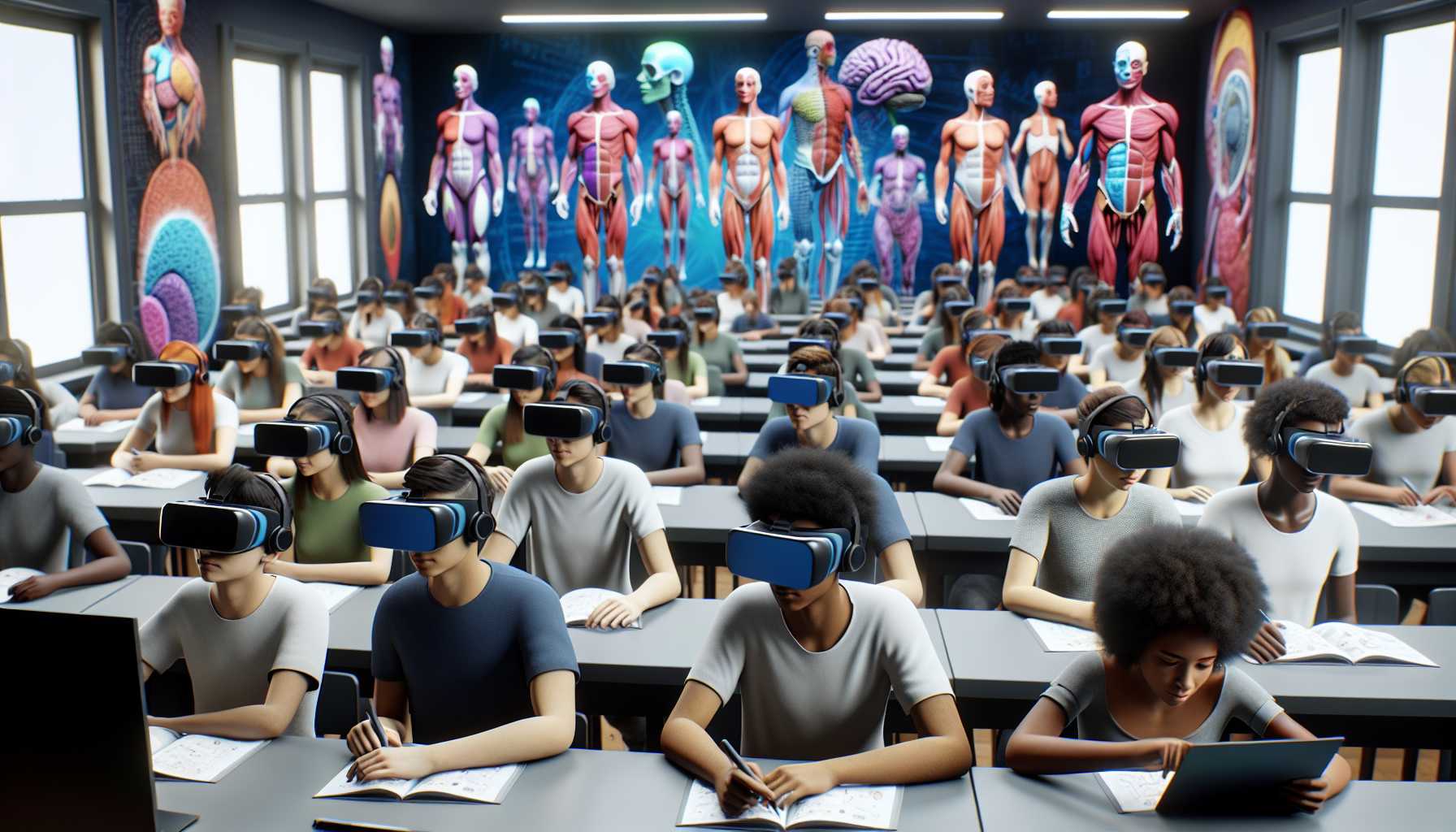 A classroom with students using augmented reality headsets to learn about the human anatomy.