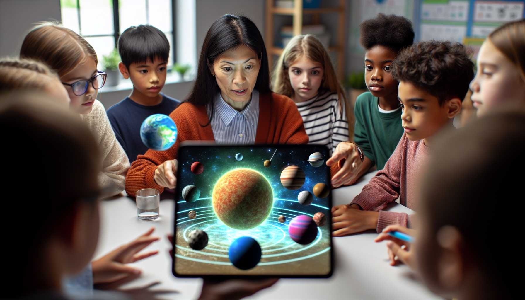 A teacher using an augmented reality app to teach students about the solar system.