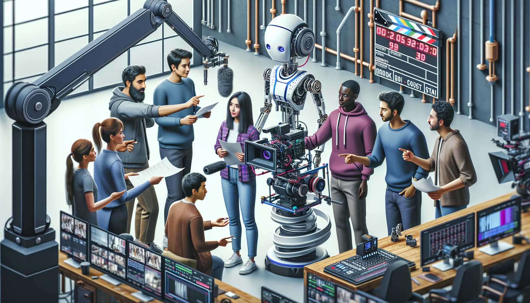 a diverse film crew discussing on set with AI tools visible