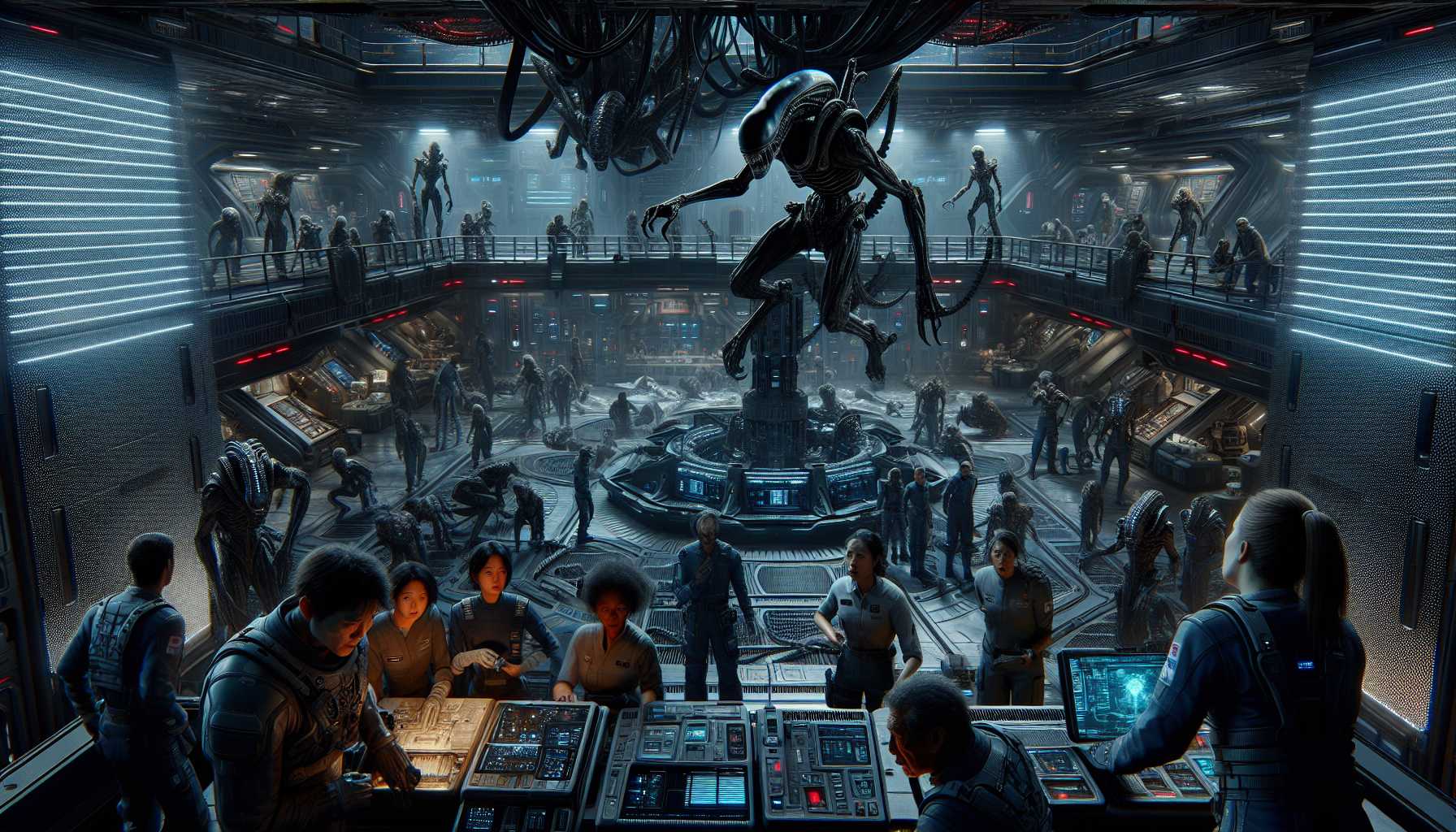 a dark, futuristic space station with Xenomorphs and terrified characters