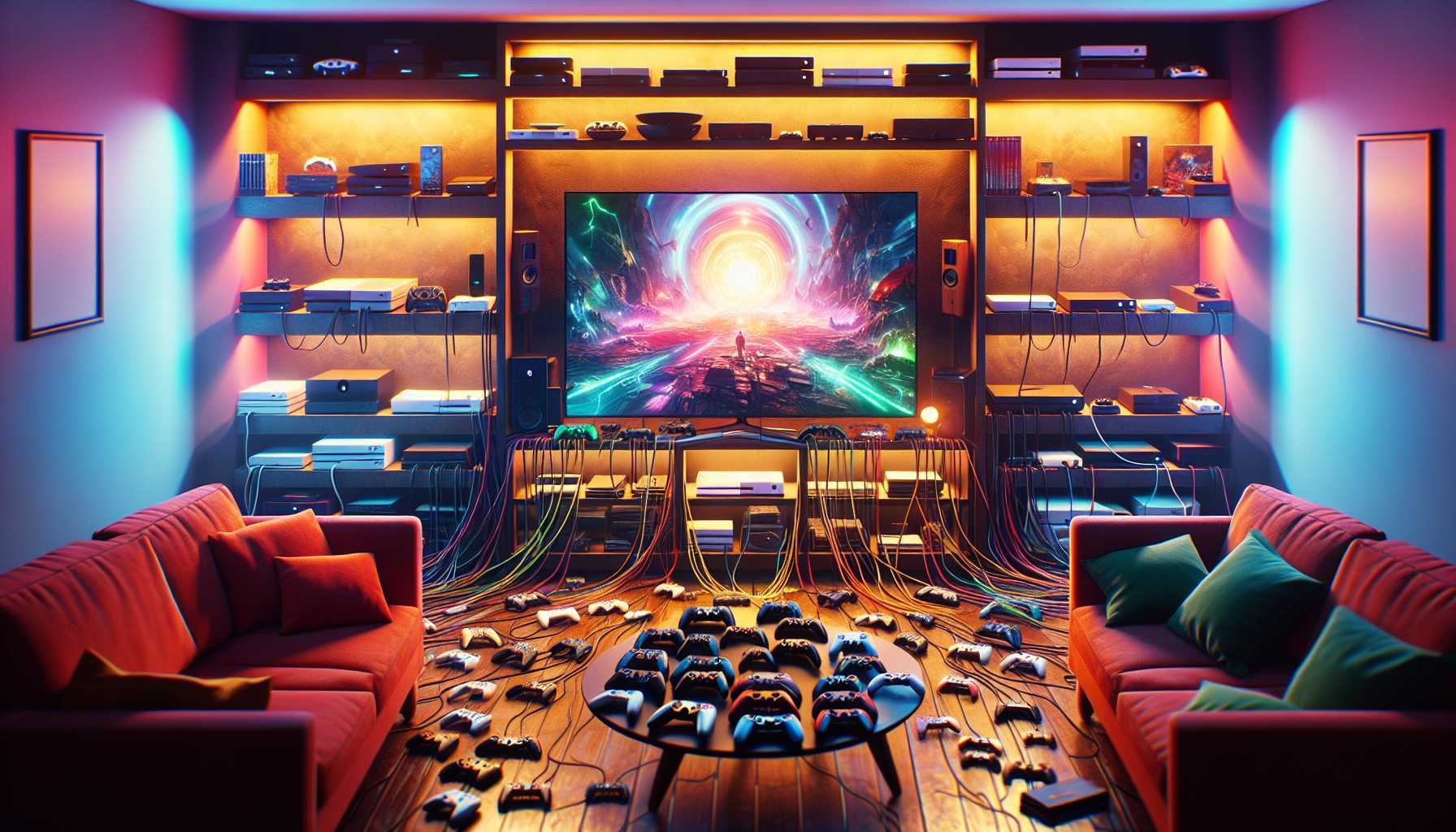 a beautifully organized room with numerous gaming consoles connected to one television