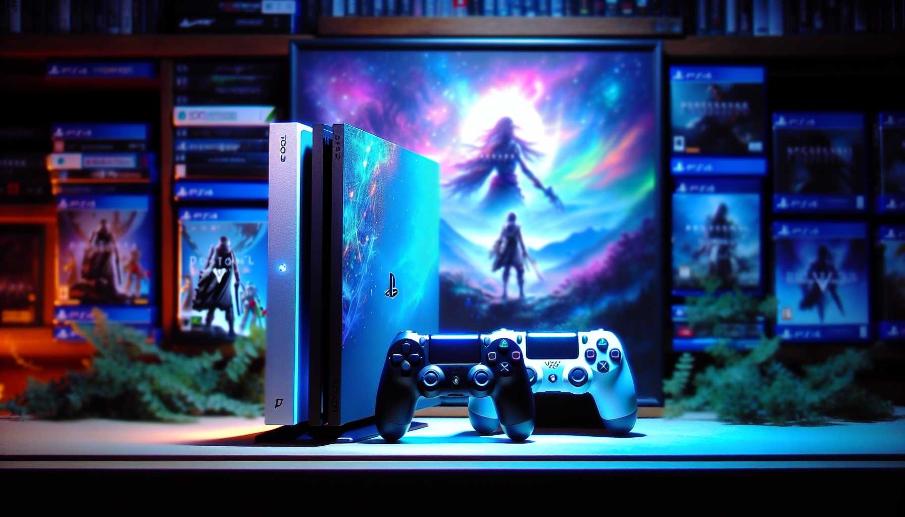 a PlayStation and Xbox console standing side by side with a mysterious game cover in the background