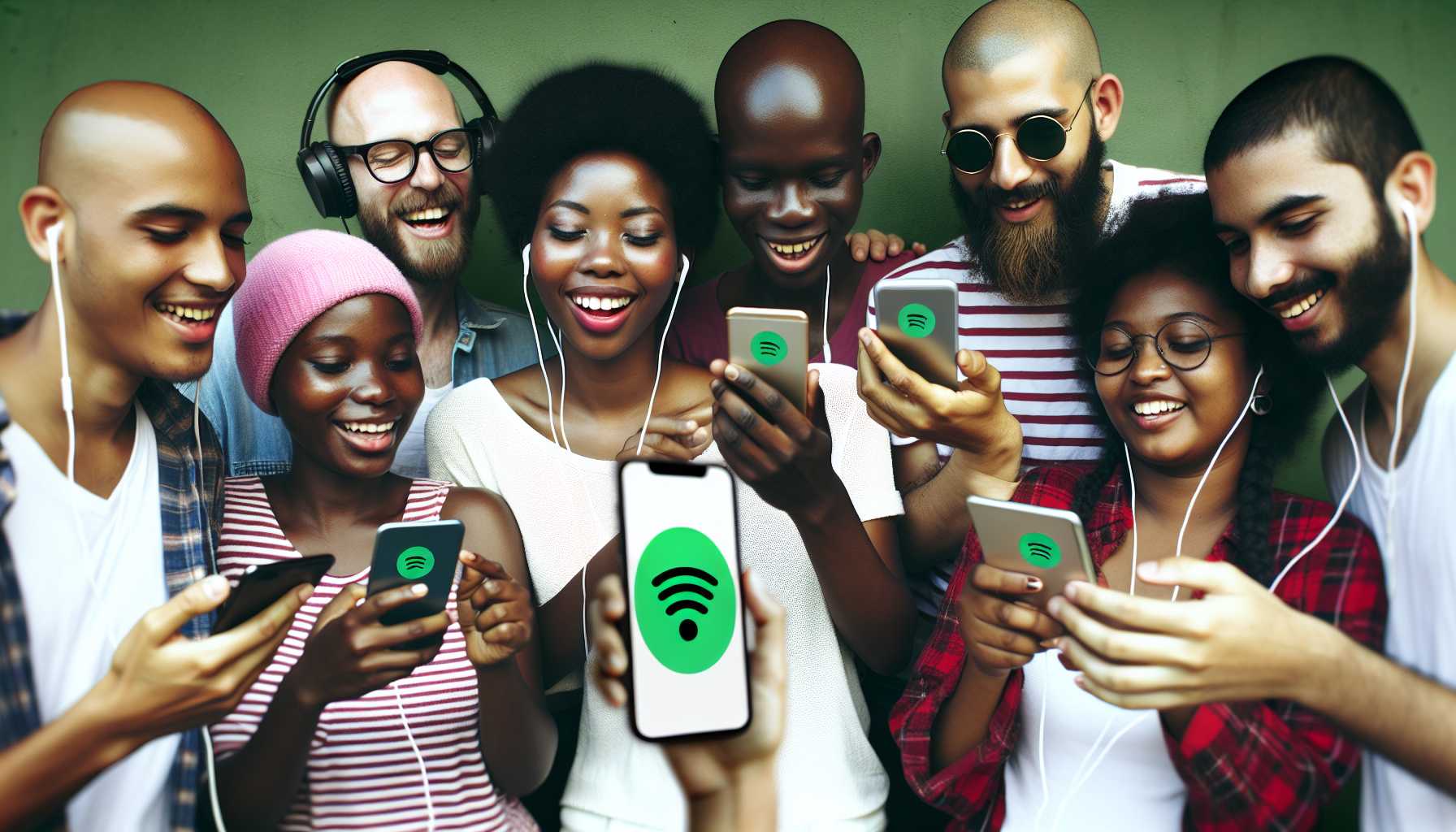 A group of diverse people in South Africa enjoying music on their smartphones with the Spotify logo displayed prominently.