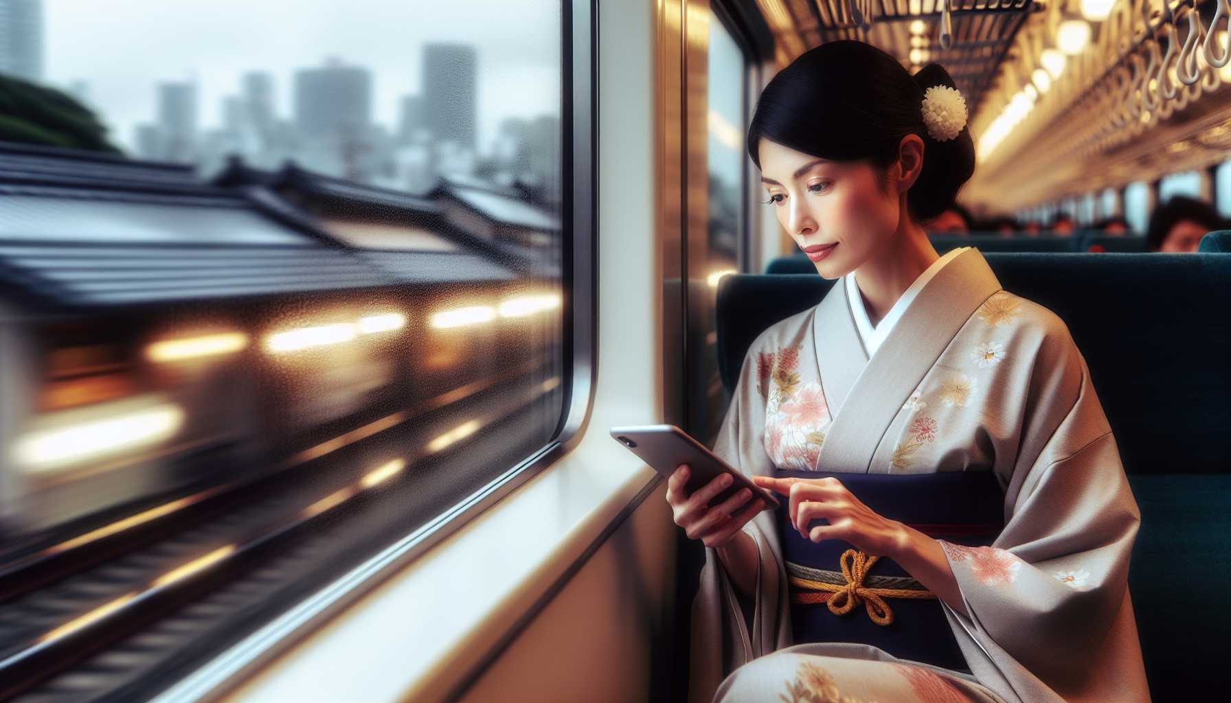 A person in Japan reading news on their smartphone while commuting on a train.