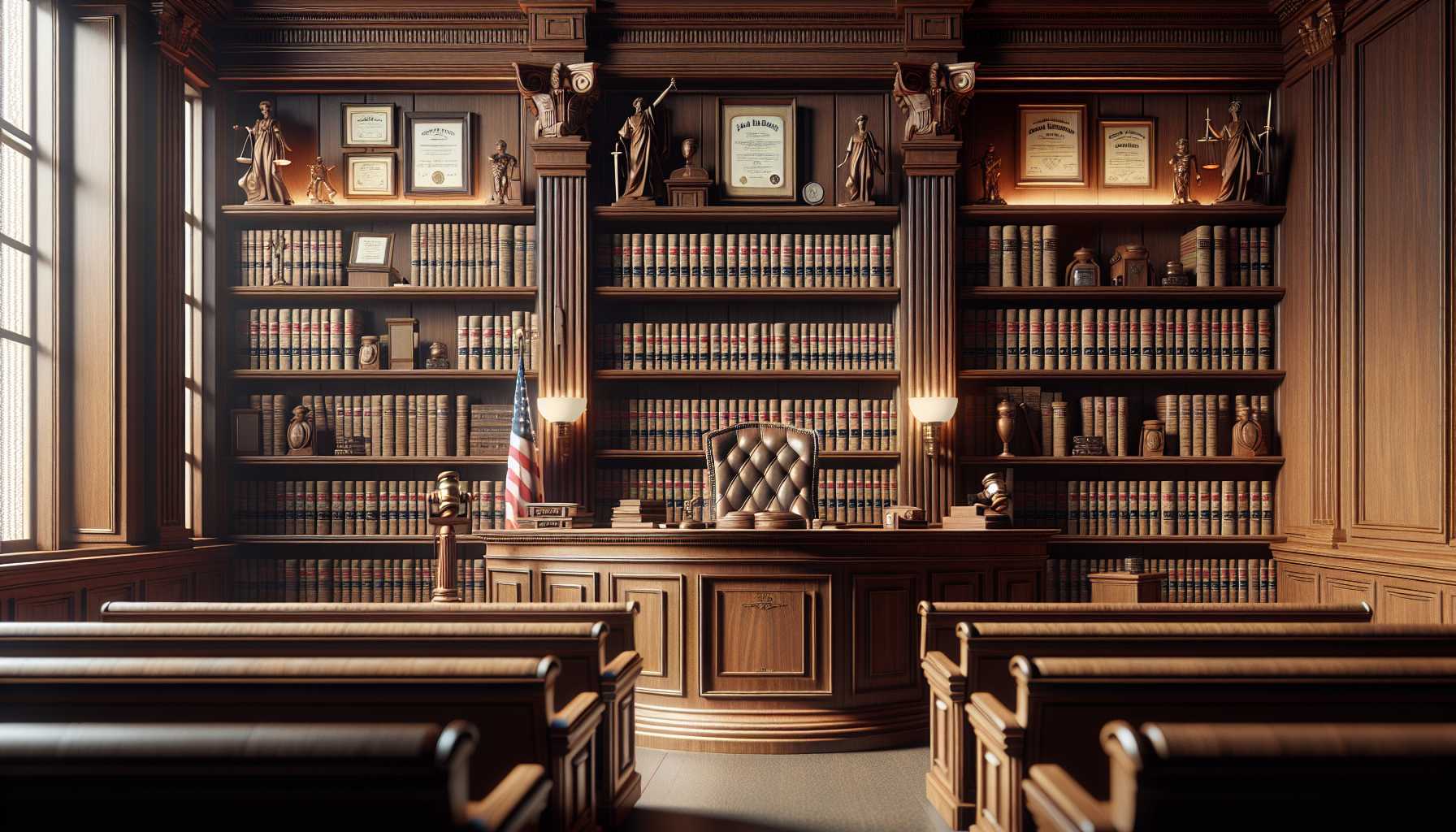 Courtroom with legal books in focus