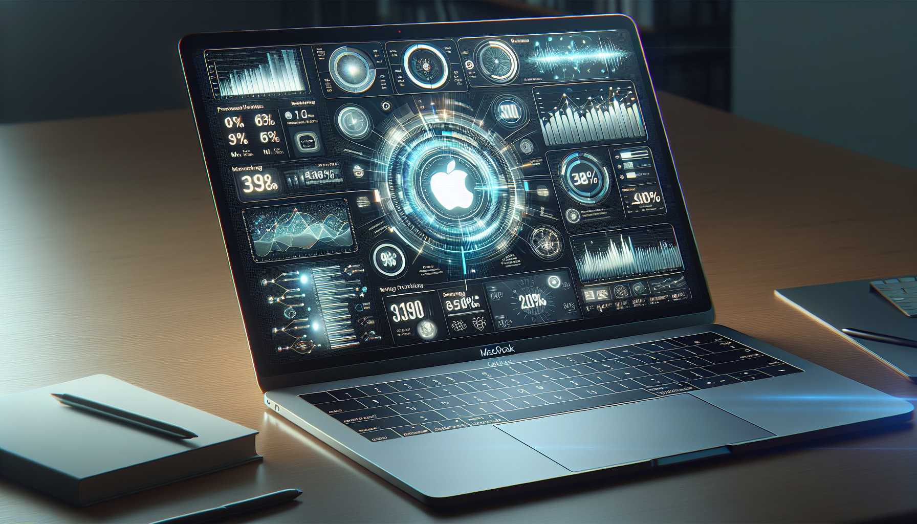 Apple MacBook display showing performance metrics