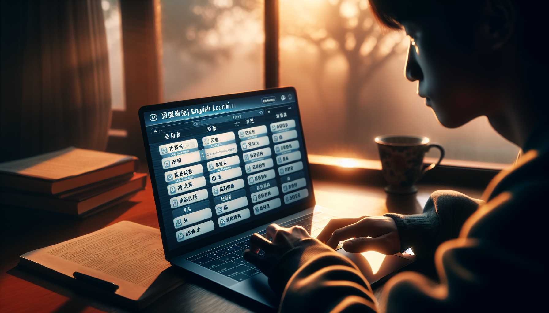 A person in China using a computer to learn English online.