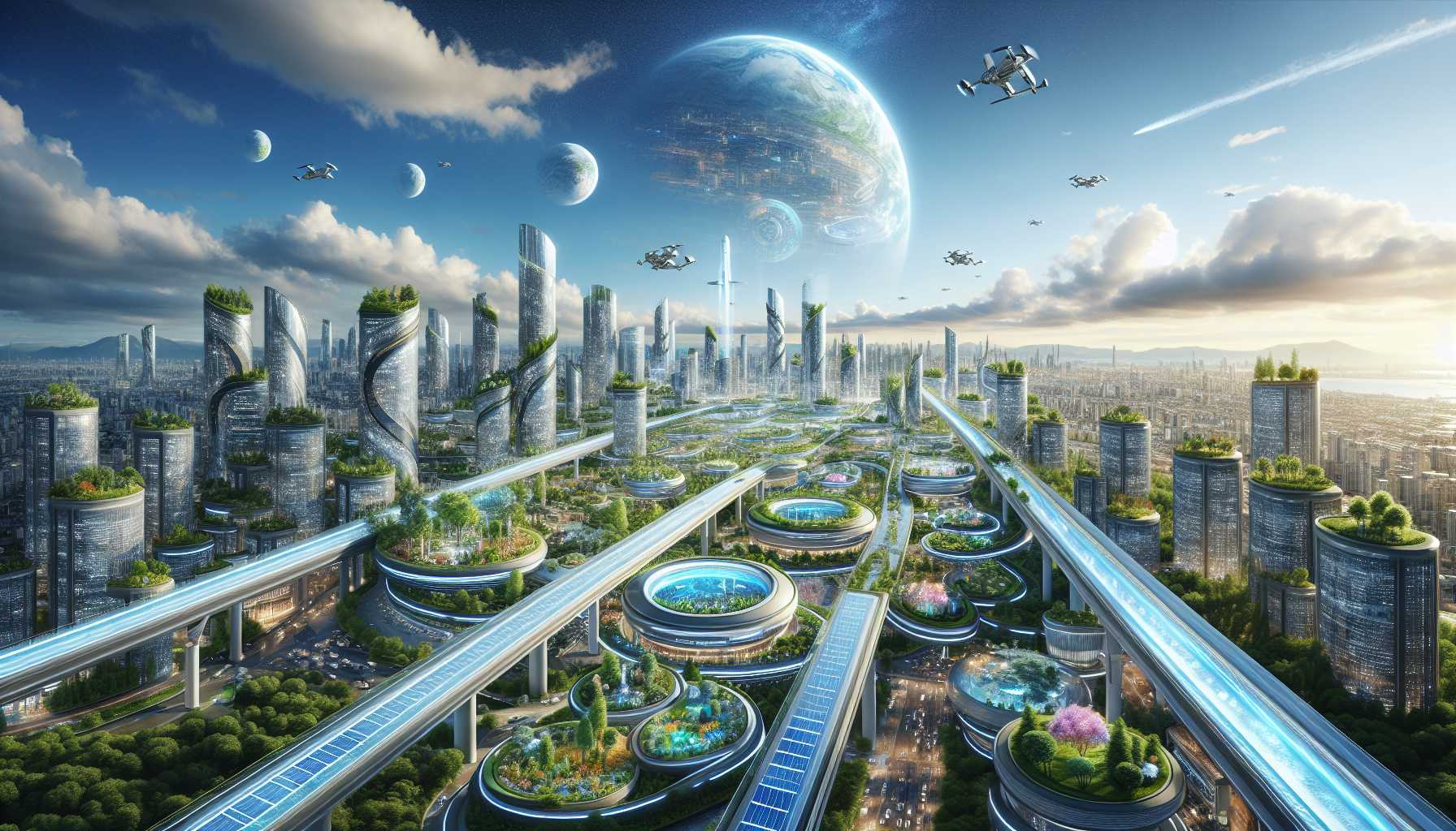 a futuristic landscape of biotech and climate tech innovation