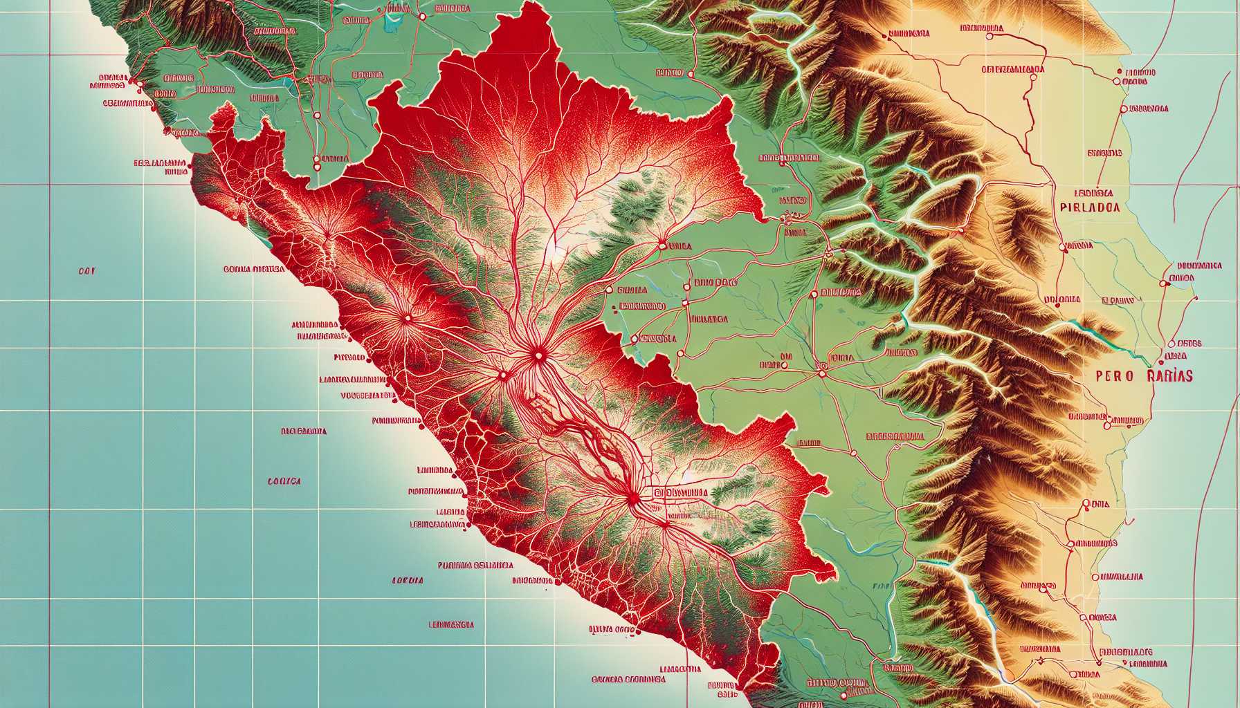 A map of Peru highlighting areas with high-speed internet access in green and areas with limited access in red.