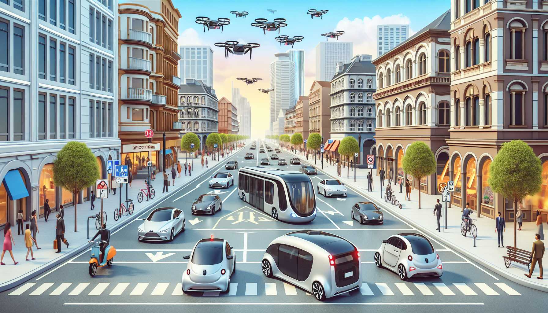 illustration of autonomous vehicles in a busy city