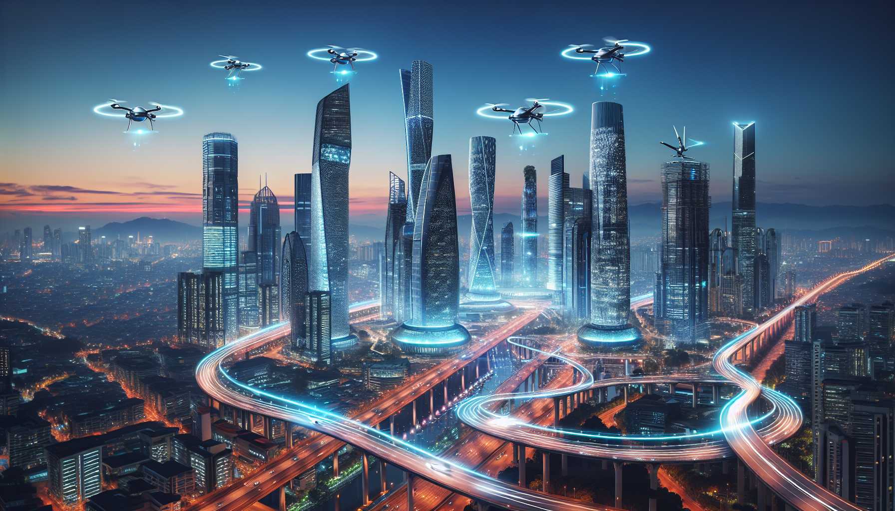 a futuristic skyline with drones and flying cars