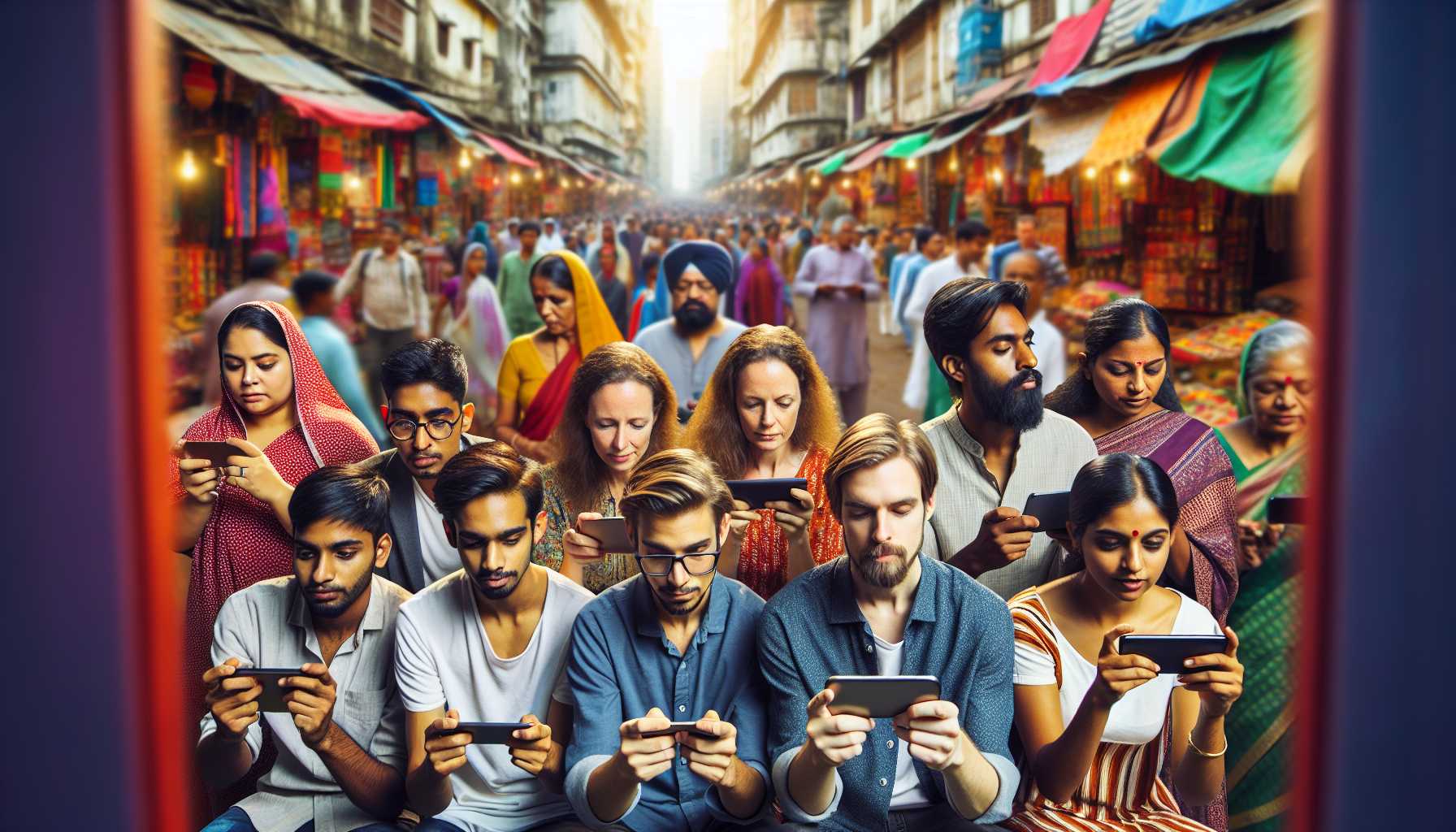 A group of people playing mobile games in India