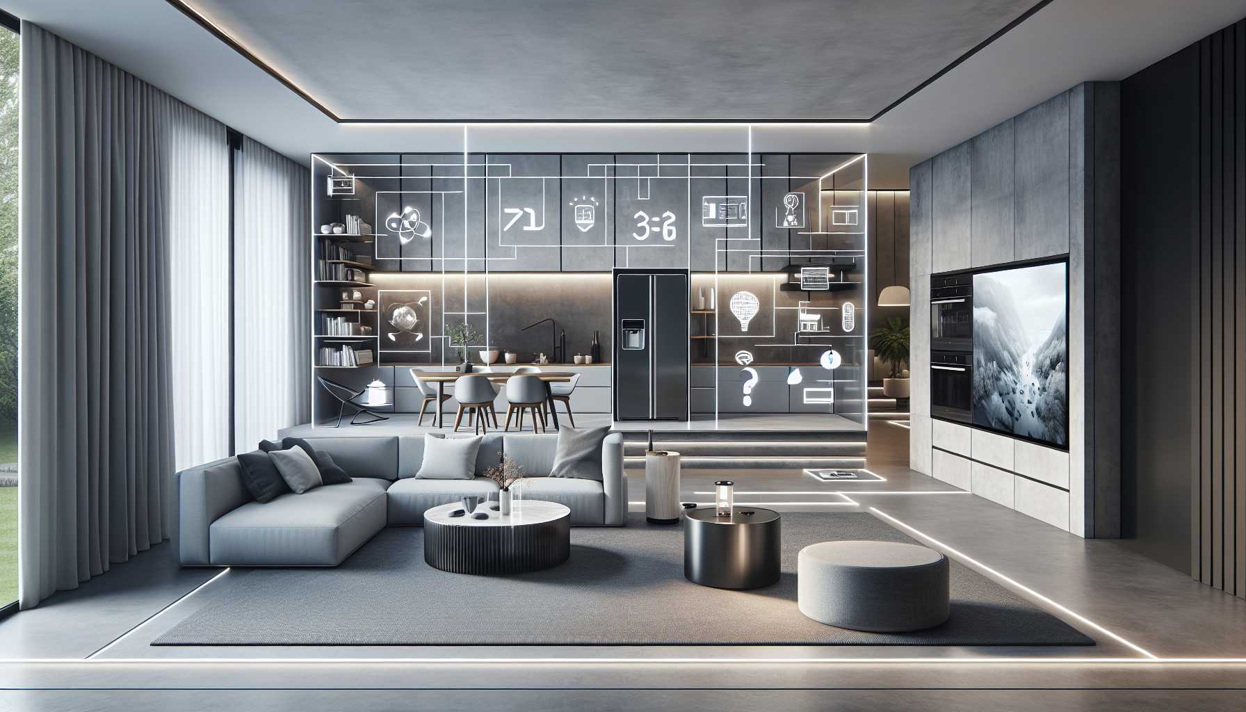 A modern living room with smart home devices seamlessly integrated into the furniture and appliances.