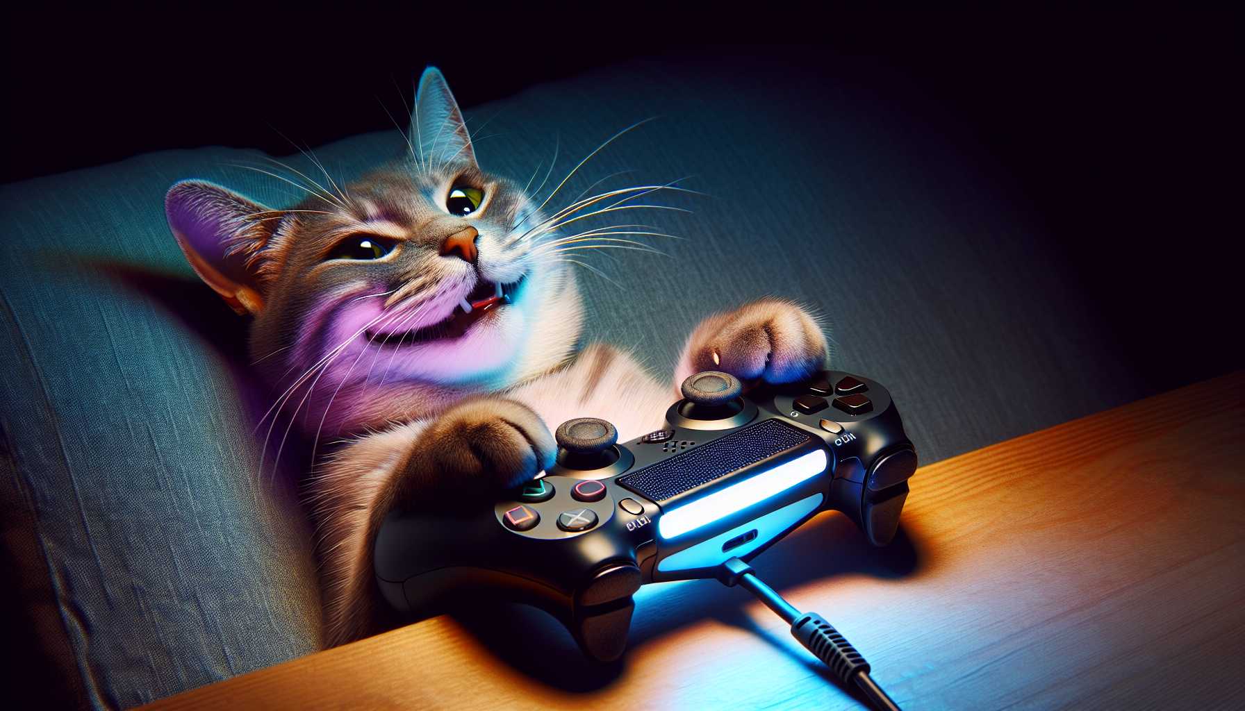 A happy cat playing video games on a smartphone with a controller