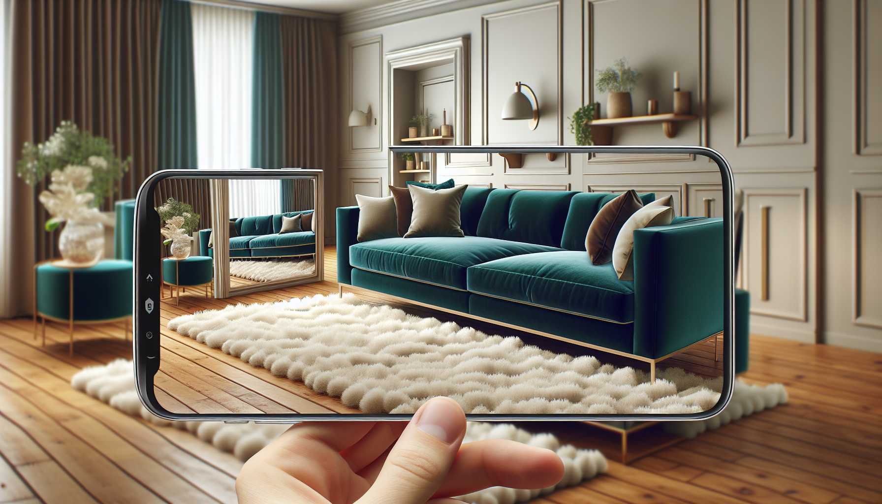 Close-up of AR app showing virtual sofa