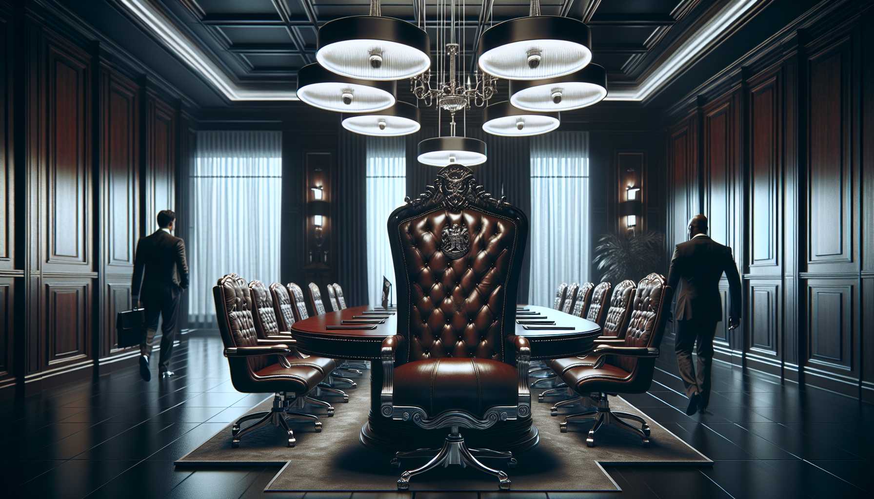 an executive board meeting room with an empty chair and a frustrated executive leaving the room