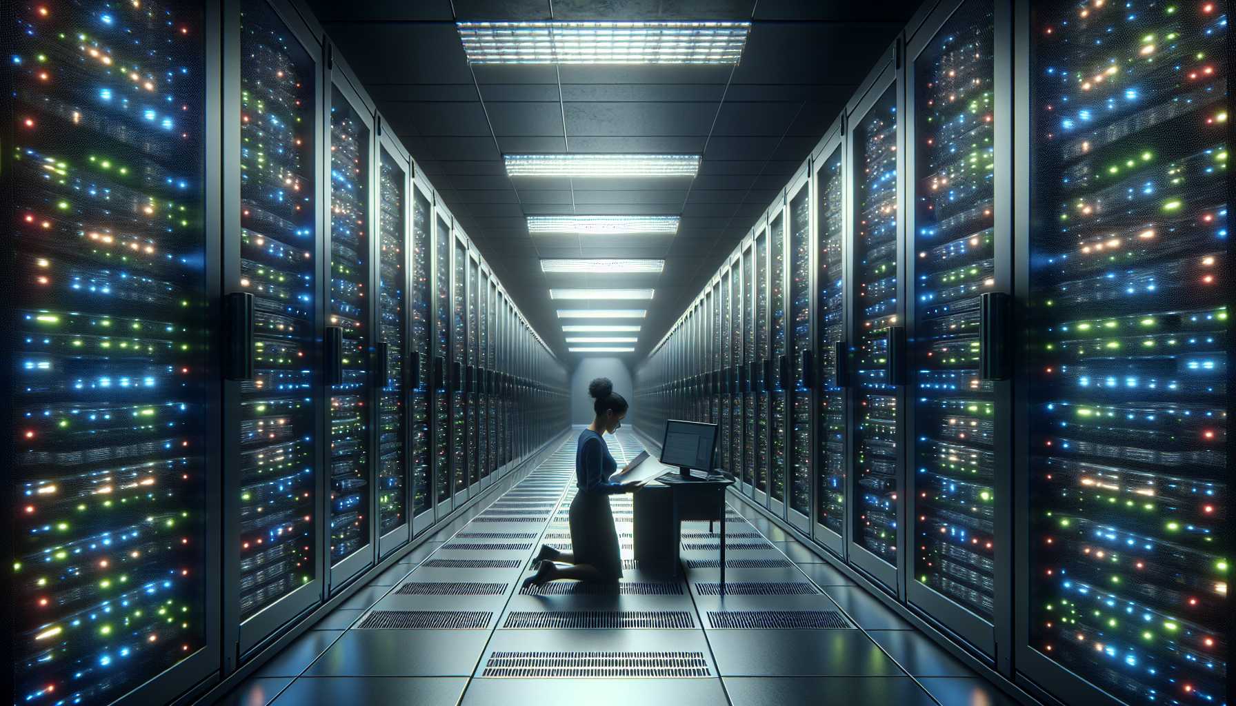 a server room with data servers and a shadowy figure scrutinizing documents