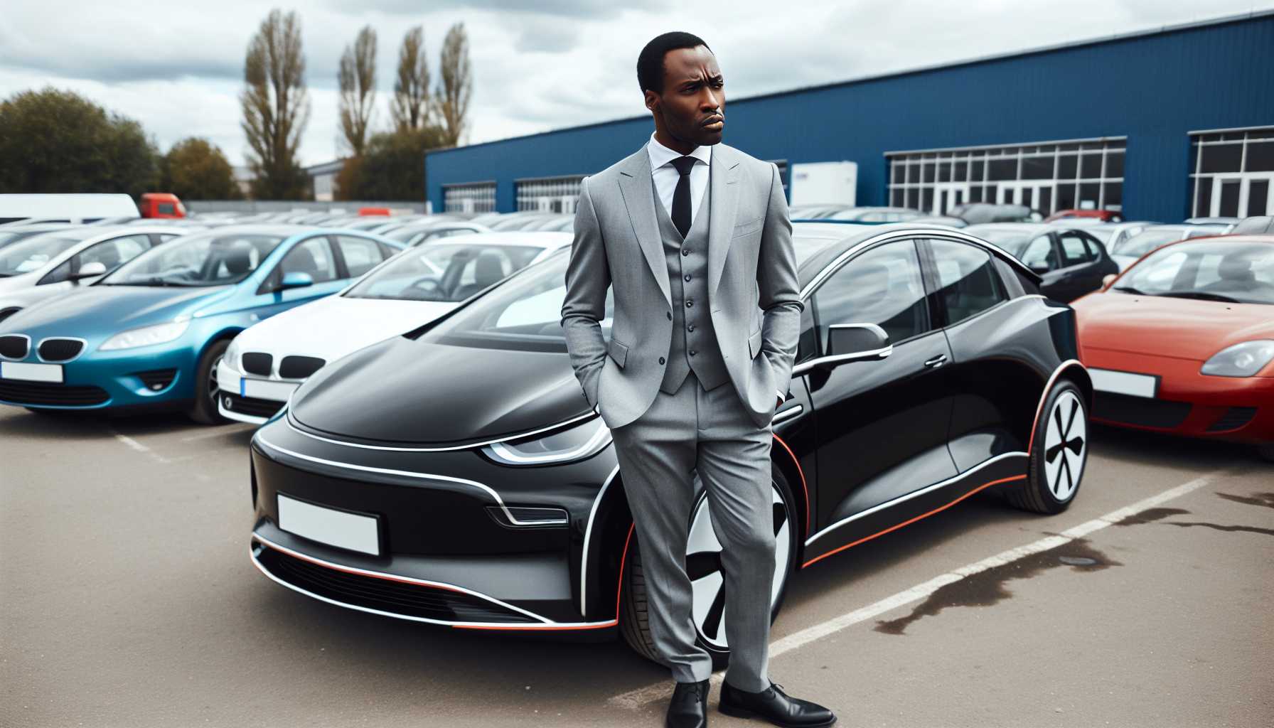 a Tesla car in a used-car lot with an investor shaking his head