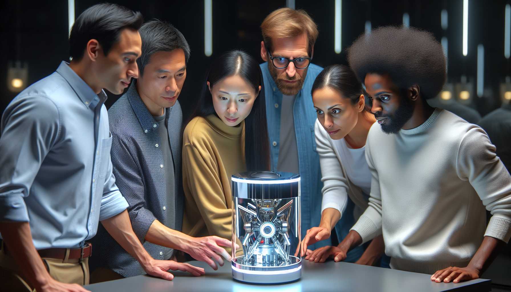 A group of people looking at and discussing a new tech gadget.