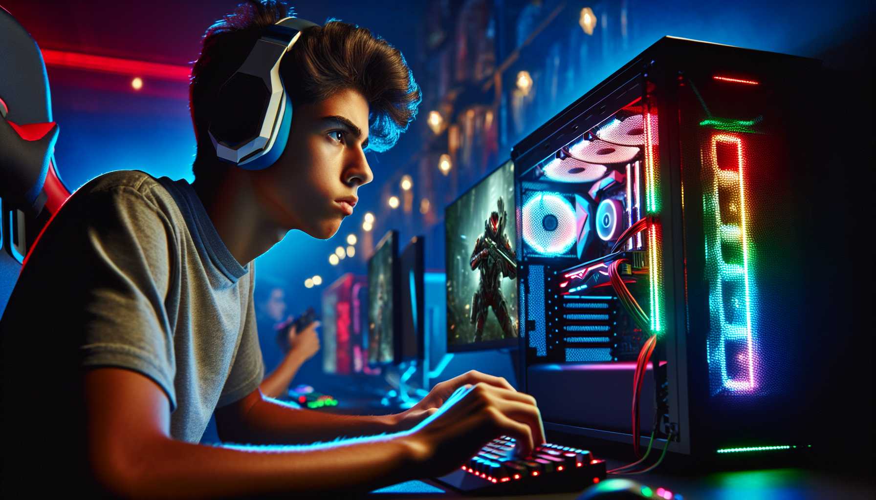 A teenager playing a video game on a high-end gaming PC