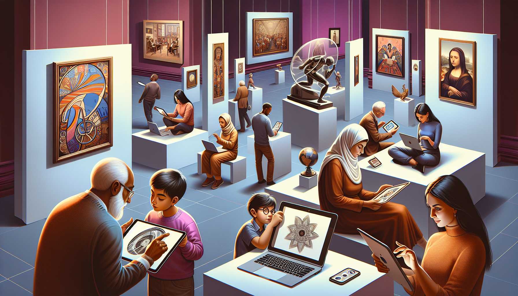 A bustling online art gallery with people browsing artwork on laptops and smartphones.