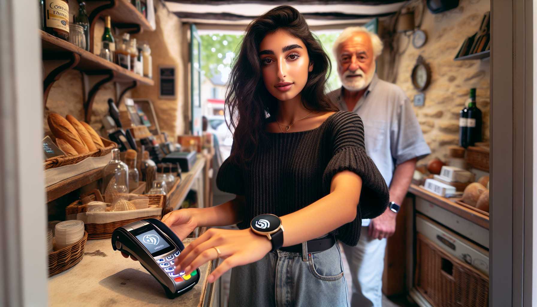 A person in France using a smartwatch to make a contactless payment at a store.