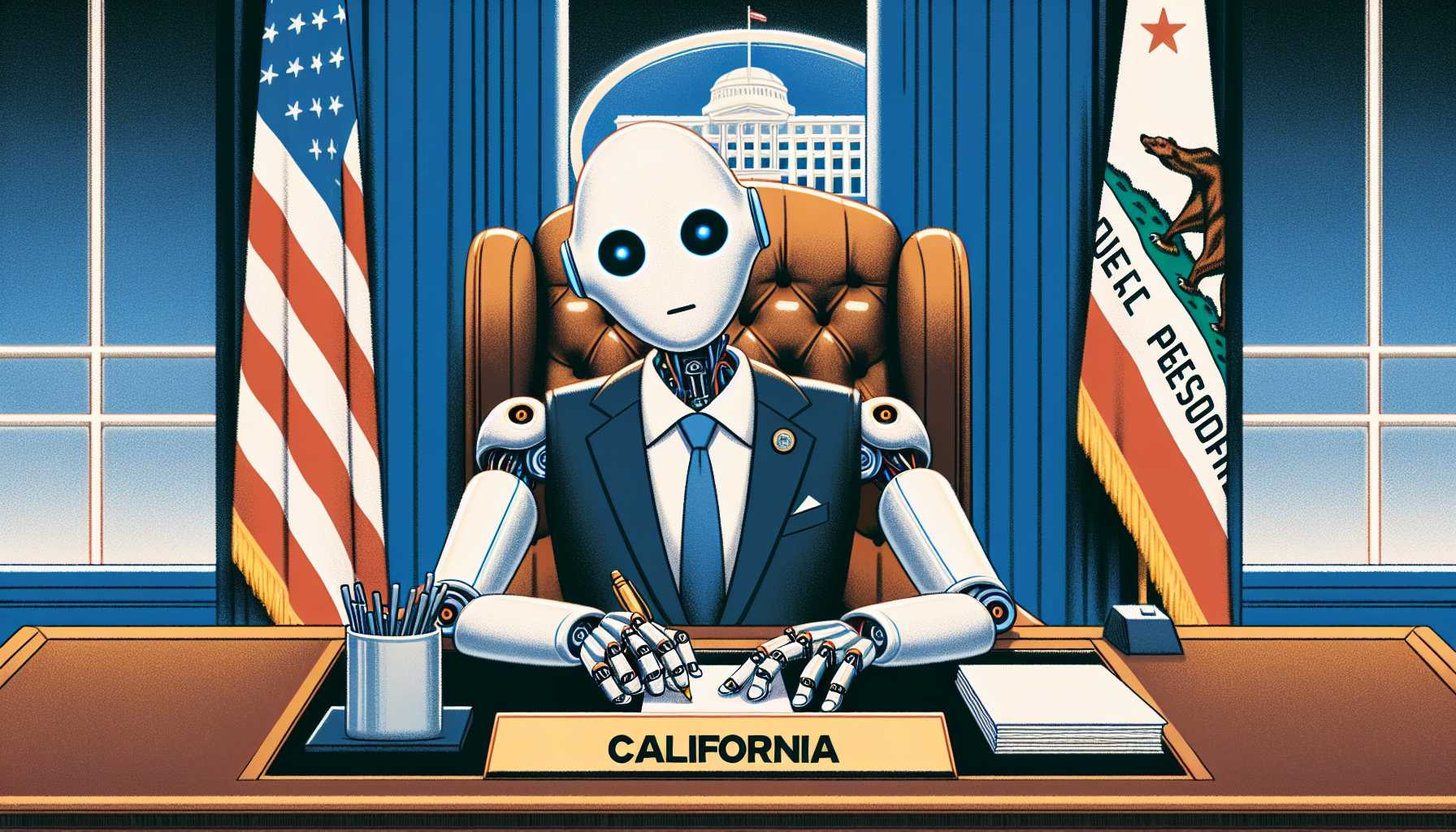 Illustration of California's Governor's desk with AI robotic hands holding a pen