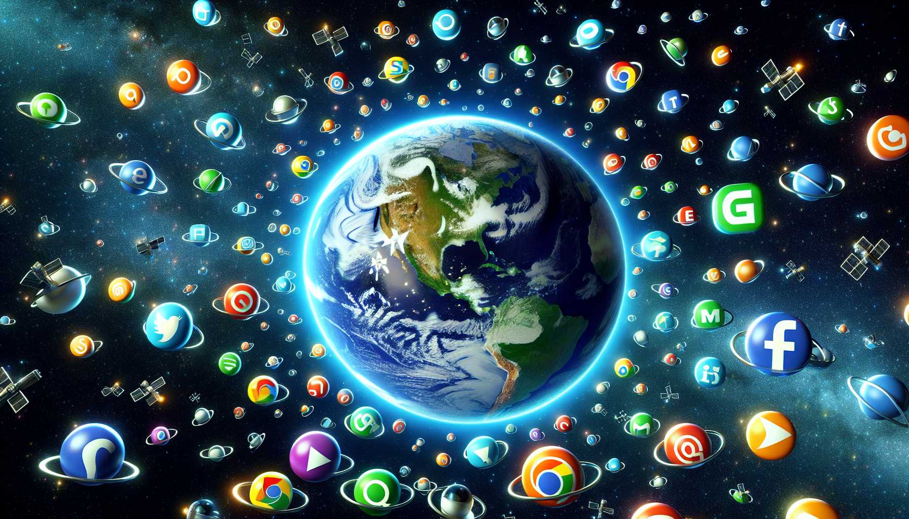 An illustration showing different search engine logos orbiting around planet Earth