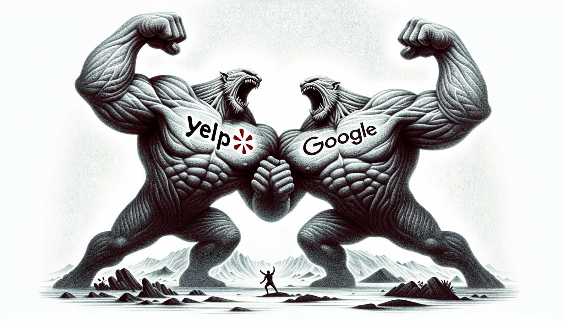 Depiction of two giants wrestling, labeled 'Yelp' and 'Google'