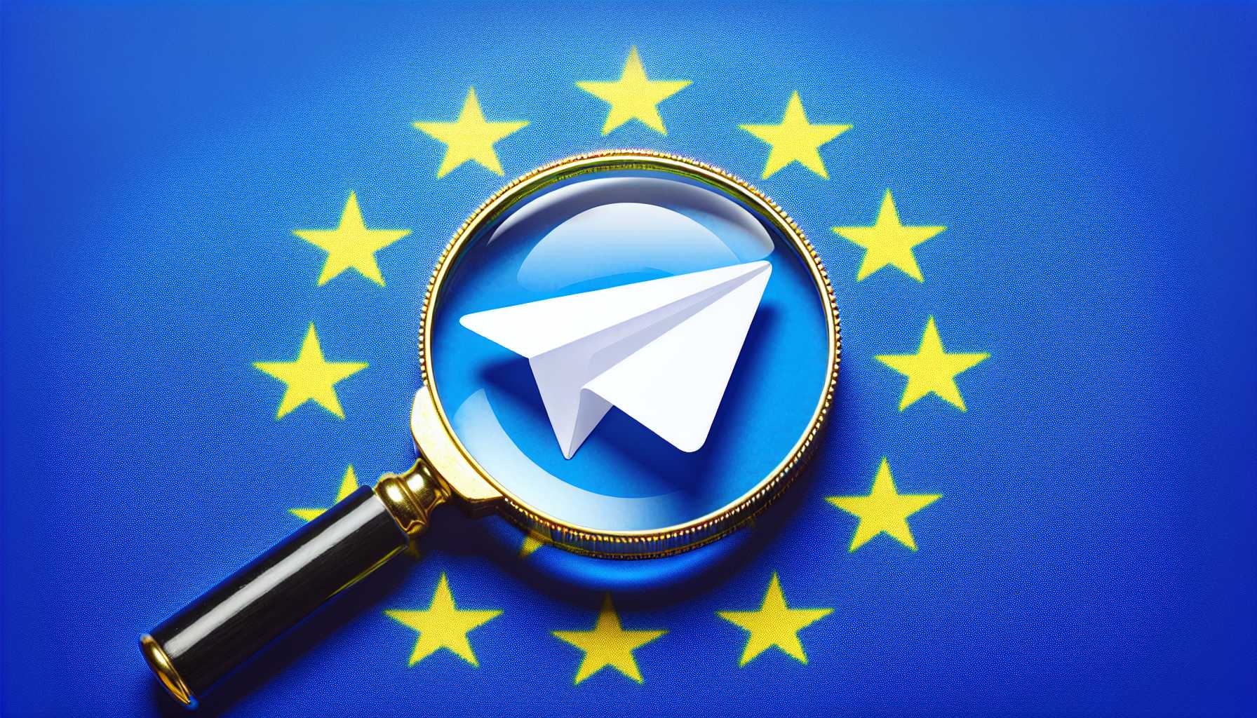 Telegram logo under a magnifying glass with EU flag in the background