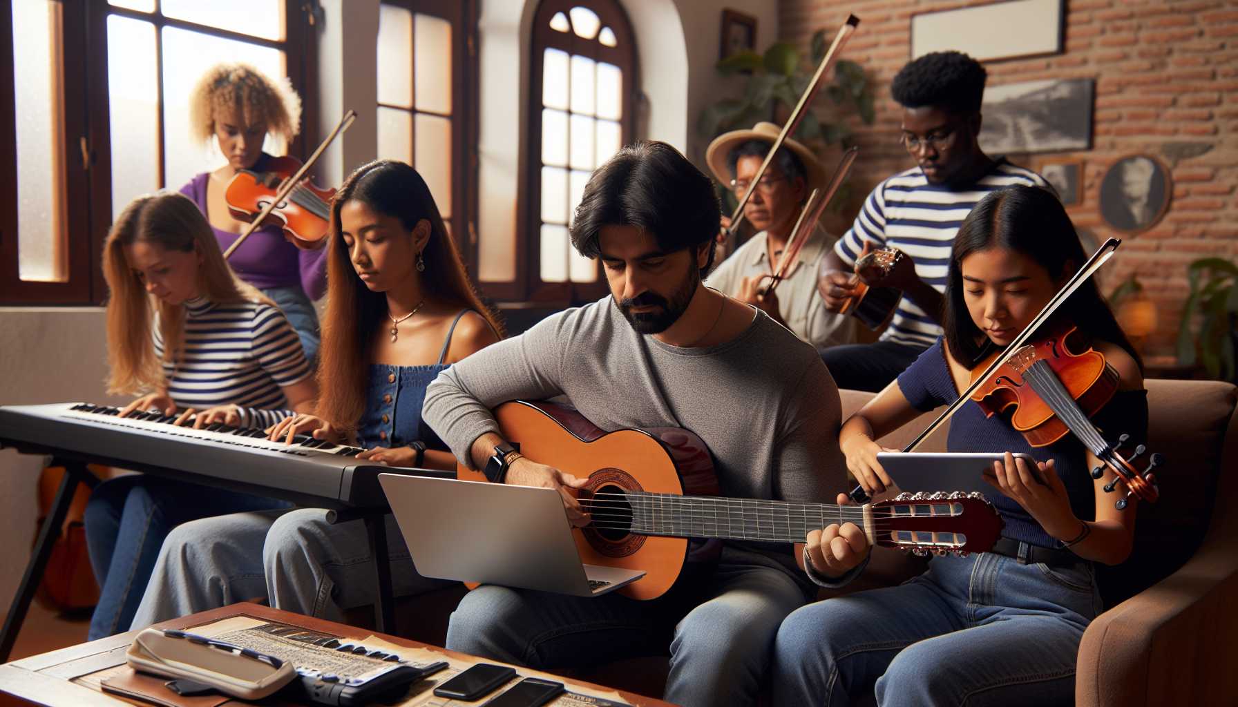 A group of people in Spain using digital platforms to learn music instruments