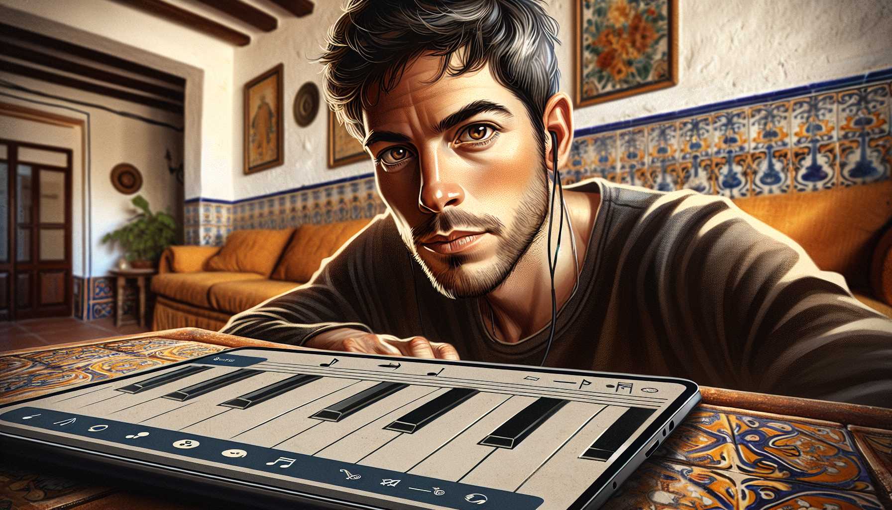 A close-up image of a person in Spain using a digital platform to learn a music instrument