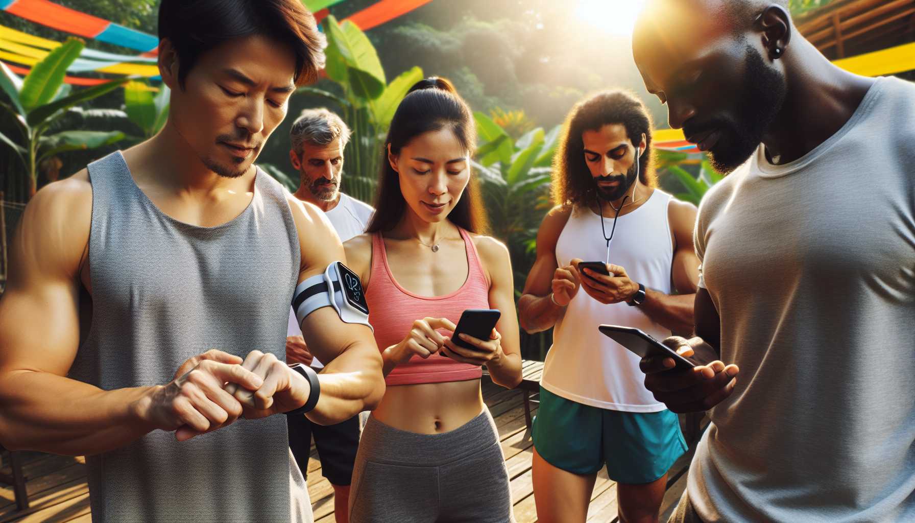 A group of people in Brazil using smart devices for fitness, such as smartphones, fitness trackers, and smartwatches.