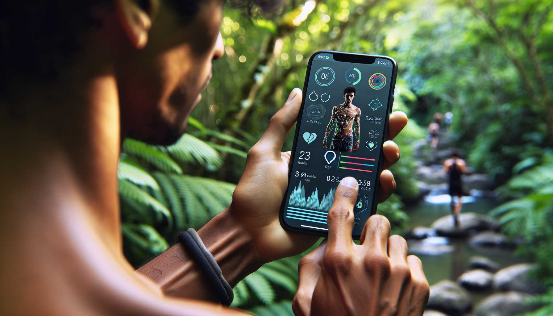 A close-up image of a person in Brazil using a smartphone to track their fitness progress.